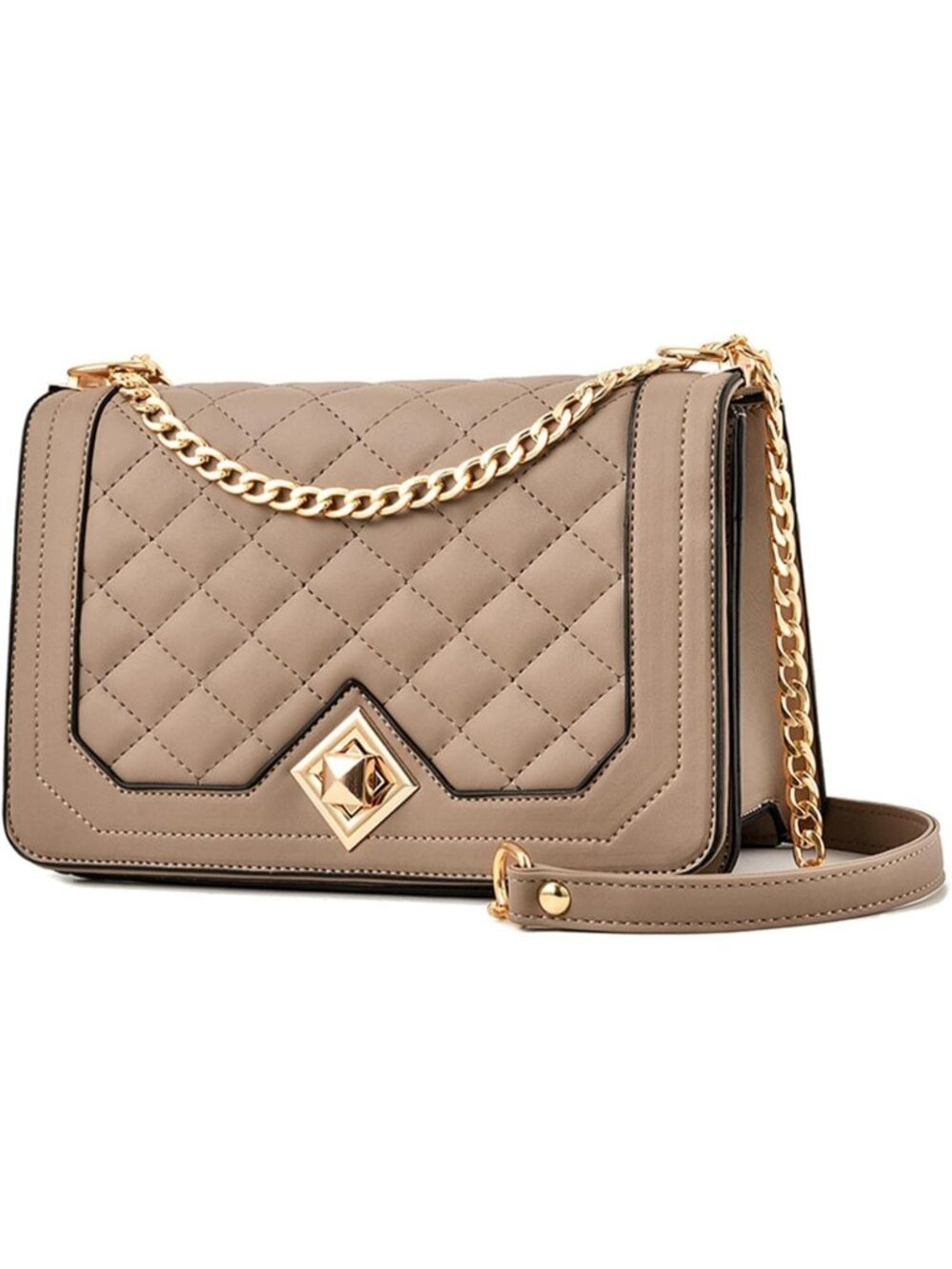 Women's Khaki Quilted Small Pu Leather Shoulder Purse Chain Crossbody Bag
